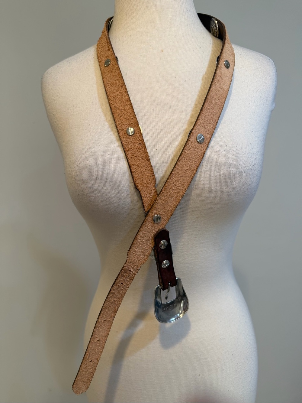 Vintage Brown genuine Leather Western Belt with Floral Silver Conchos - Picture 3 of 8